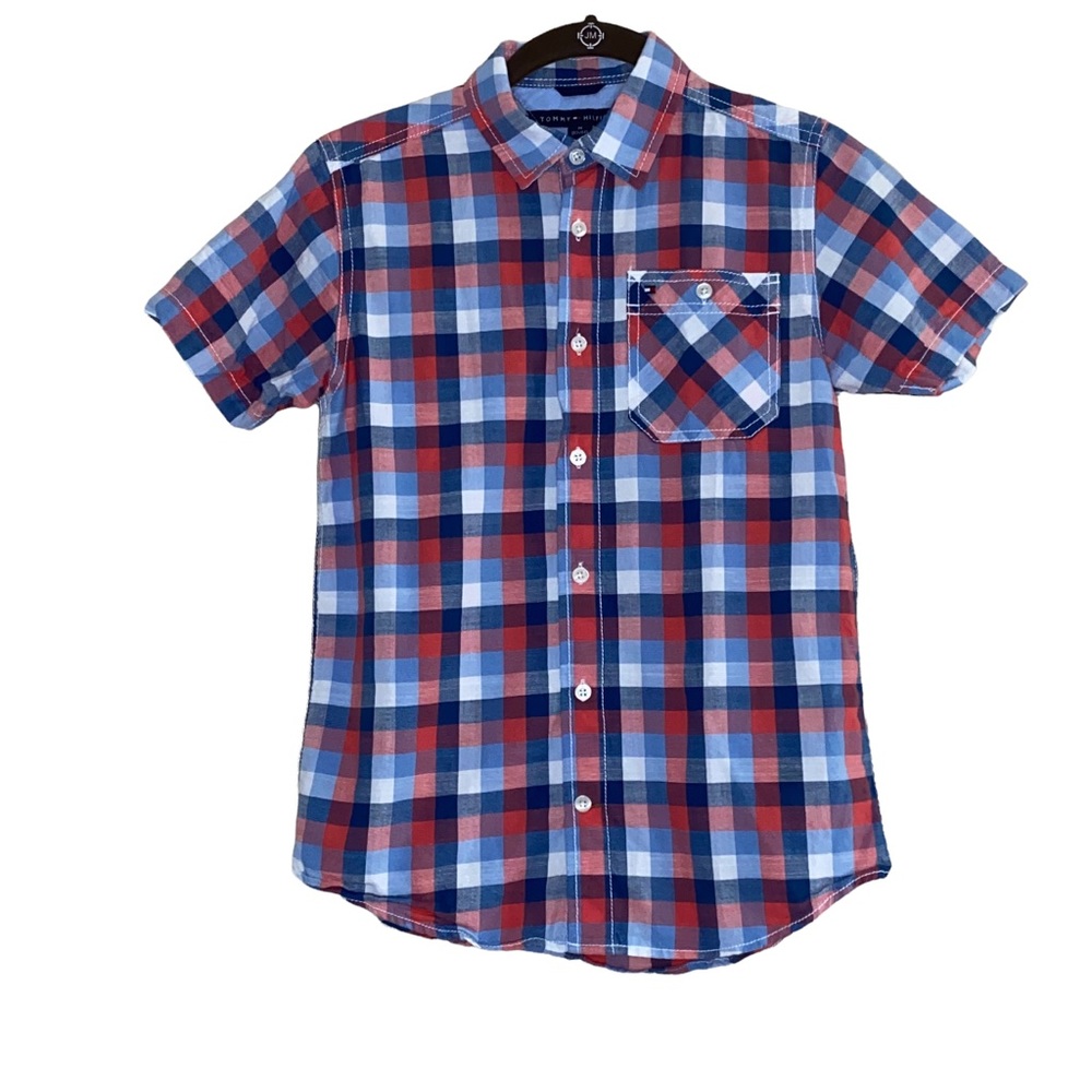 Tommy Hilfiger Boy's Red White Blue Check Print Button Down Shirt